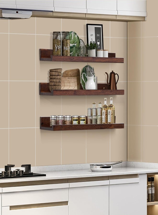 AZSKY Walnut Floating Shelves 24 Inch Picture Ledge Shelf for Wall Photo Shelves with Lip for Pictures Nursery Room Bookshelf Wood Wall Shelves Set of 3 for Bedroom Living Room Bathroom Kitchen - Image 2